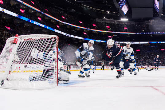 Matthew Tkachuk of USA scores the 6-1 goal behind