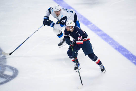 Roope Hintz of Finland and Kyle Connor of USA
