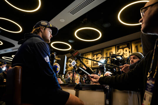 William Nylander of Sweden being interviewed by media