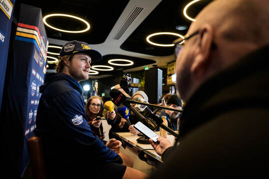 William Nylander of Sweden being interviewed by media