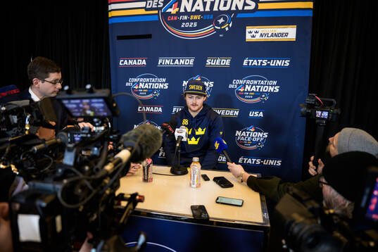 William Nylander of Sweden being interviewed by media
