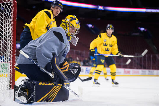 Goaltender Filip Gustavsson of Sweden at a practice session