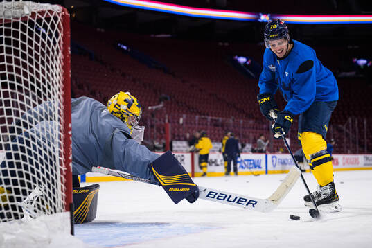 Goaltender Filip Gustavsson and Joel Eriksson Ek of Sweden