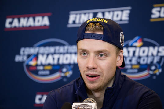 Jesper Bratt of Sweden being interviewed by media