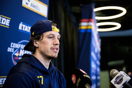 Rickard Rakell of Sweden being interviewed by media