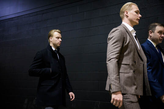 Jesper Bratt and Gustav Forsling of Sweden arrive to the
