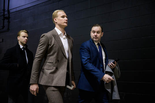 Jesper Bratt and Gustav Forsling of Sweden arrive to the