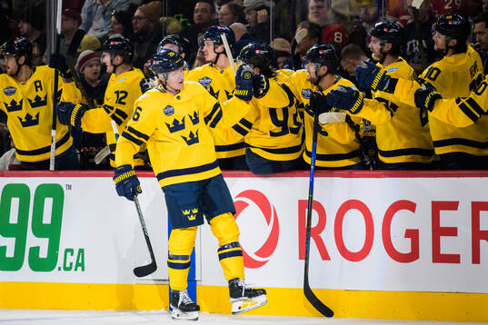 Rasmus Dahlin of Sweden celebrates with teammates
