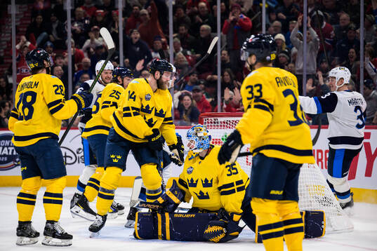 Mattias Ekholm and goaltender Linus Ullmark of Sweden look