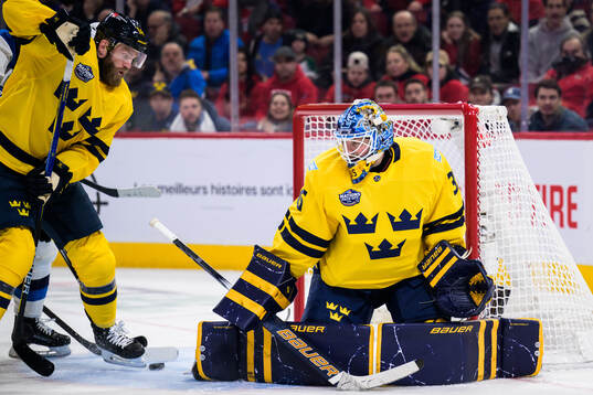 Goaltender Linus Ullmark of Sweden lets in the 3-3 goal