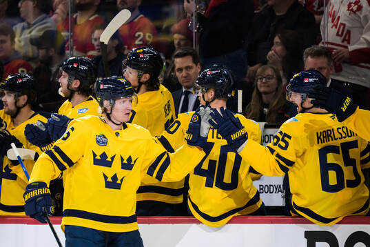 Rasmus Dahlin of Sweden celebrates with teammates