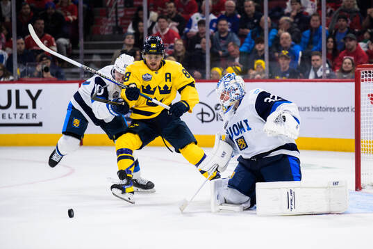 Henri Jokiharju and goaltender Kevin Lankinen of Finland