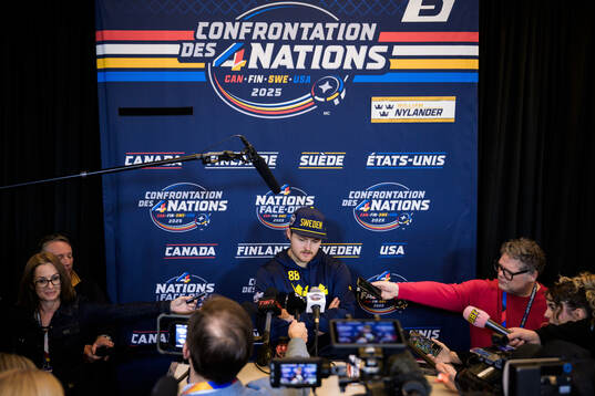 William Nylander of Sweden talks to media