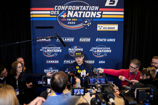 William Nylander of Sweden talks to media
