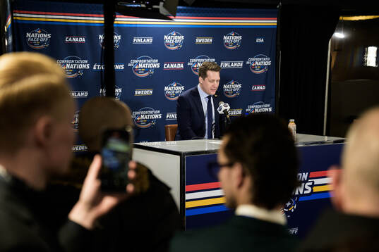 Head coach Sam Hallam of Sweden talks to media