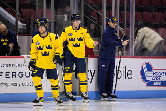 Viktor Arvidsson, Rasmus Dahlin and goaltender coach Anthon