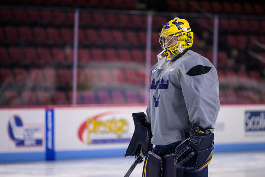 Goaltender Filip Gustavsson of Sweden at a practice session