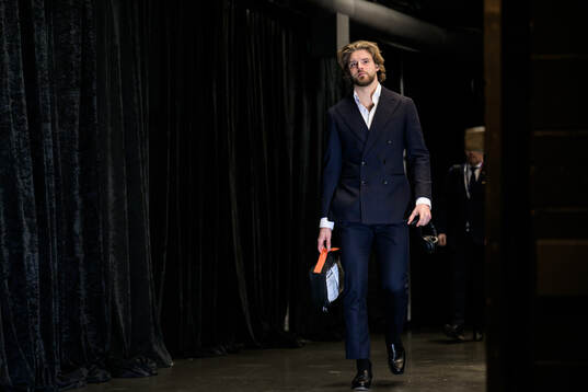 Goaltender Samuel Ersson of Sweden arrives to the arena for