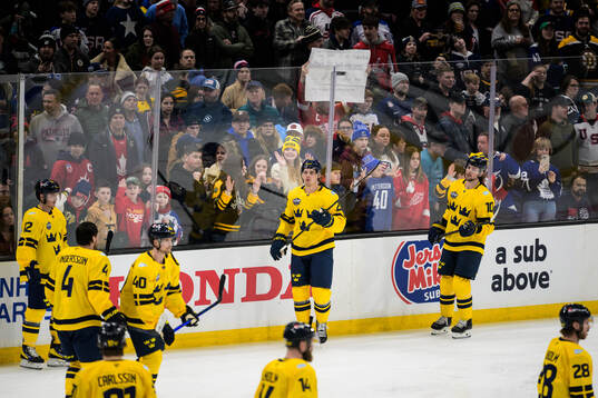 Joel Eriksson Ek and Adrian Kempe of Sweden at warm-up