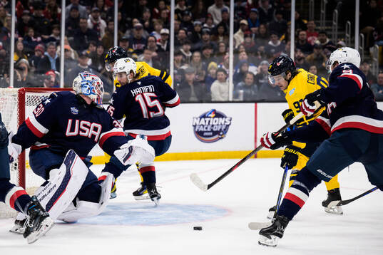 Goaltender Jake Oettinger and Jack Eichel of USA are being
