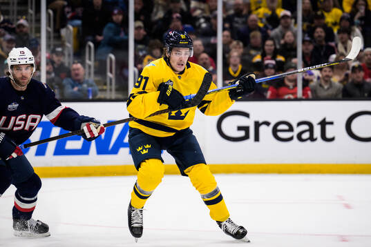 Noah Hanifin of USA and Leo Carlsson of Sweden