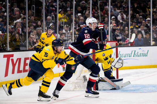Jonas Brodin and goaltender Samuel Ersson of Sweden are