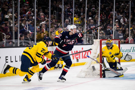 Jonas Brodin and goaltender Samuel Ersson of Sweden are