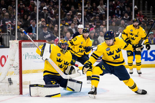 Goaltender Samuel Ersson and Rasmus Andersson of Sweden