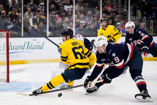 Jesper Bratt of Sweden and Jack Eichel of USA