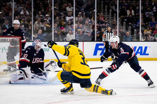 Goaltender Jake Oettinger and Jack Eichel of USA are being