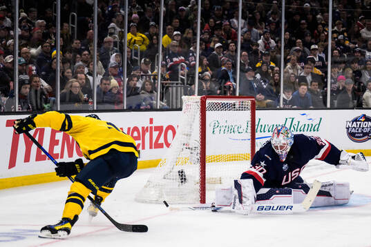 Viktor Arvidsson of Sweden and goaltender Jake Oettinger of
