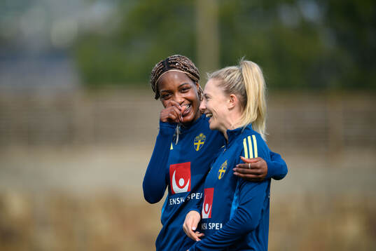 Evelyn Ijeh and Rebecka Blomqvist of Sweden of the