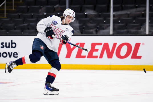 Jack Hughes of USA at a practice session