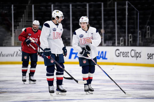 Auston Matthews and Jack Hughes of USA at a practice session