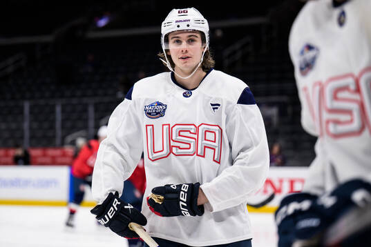 Jack Hughes of USA at a practice session