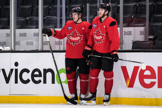 Sidney Crosby and Connor McDavid of Canada at a practice