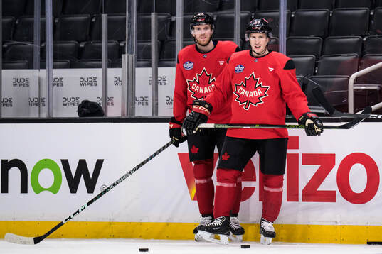 Connor McDavid and Sidney Crosby of Canada at a practice