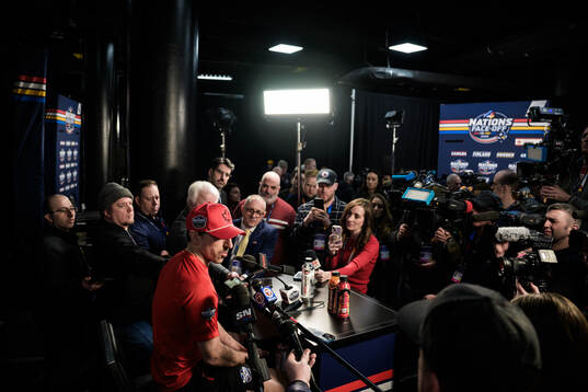 Brad Marchand of Canada is being interviewed by media