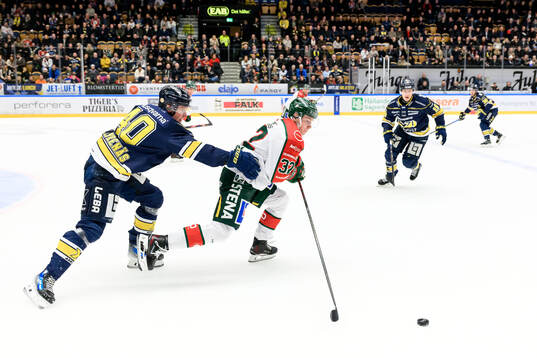 HV71s Oskar Stål-Lyrenäs och Frölundas Noah Hasa