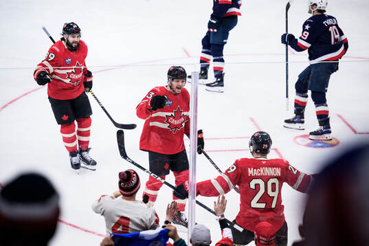 Drew Doughty, Sam Reinhart and Nathan MacKinnon of Canada