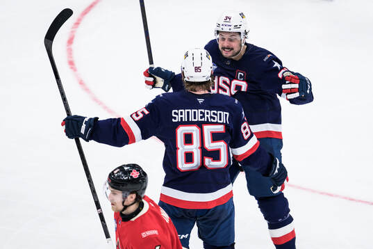 Jake Sanderson and Auston Matthews of USA celebrate the 2-1