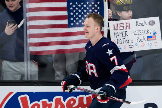 Brady Tkachuk of USA at warm-up