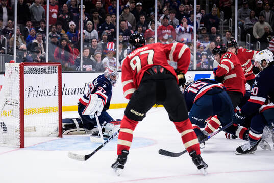 Connor McDavid, Brayden Point and Mitch Marner of Canada