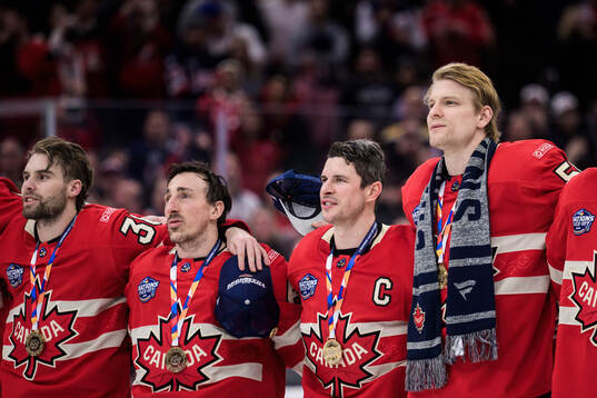 Brandon Hagel, Brad Marchand, Sidney Crosby and Colton
