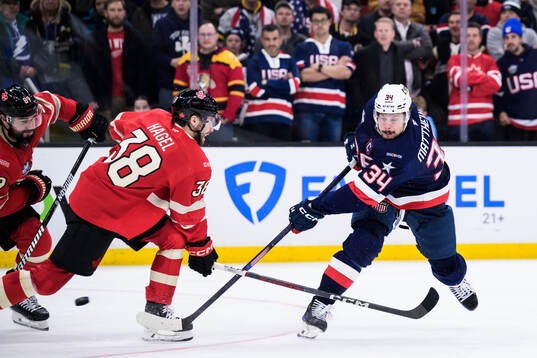 Drew Doughty and Brandon Hagel of Canada are being