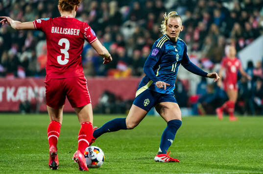 Stine Ballisager of Denmark and Stina Blackstenius of Sweden