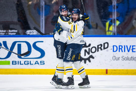 Södertäljes Sebastian Dyk och Miikka Pitkänen jublar