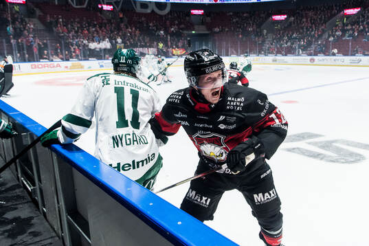 Färjestads Joakim Nygård och Malmö Redhawks Linus Öberg
