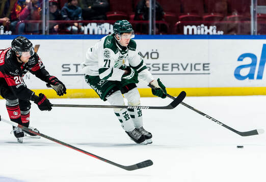 Färjestads Viktor Lodin och Malmö Redhawks Thomas Berg