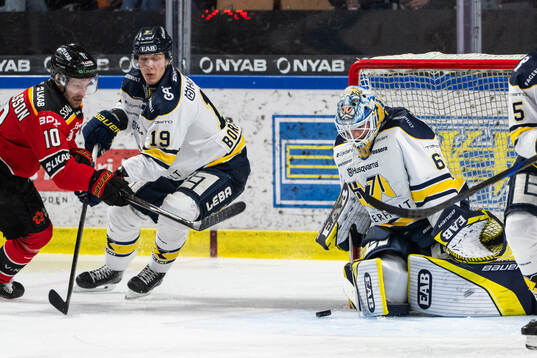 Luleås Einar Emanuelsson och HV71s målvakt Hugo Alnefelt